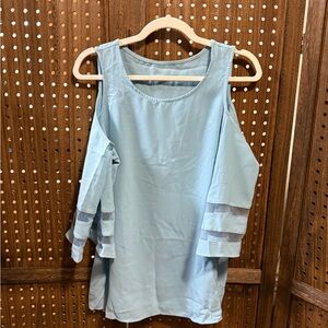 Blue Ruffled Cut Out Blouse with Mesh Sleeves